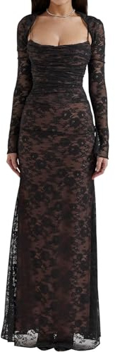 Women's Vintage Cream Black Lace Maxi Dress Romantic Long Sleevees Set Bodycon Dresses Black L