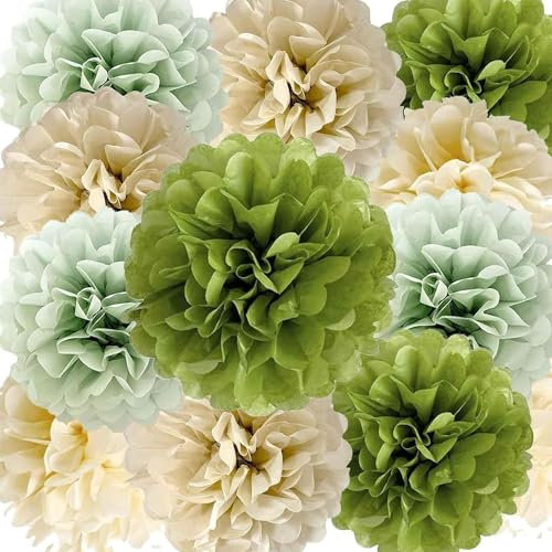 12 Stück papier Pompons Olive Salbei Grün Creme Elfenbein Tan Tissue Papier Pom Poms Party Dekorationen für Neutrale Baby Dusche Boho Hochzeit Geburtstag Wilde Safari Grün Party Dekor