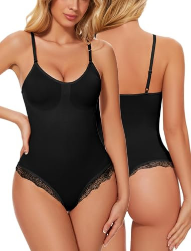 SURE YOU LIKE Shapewear Damen Figurformender Body Shaper Spitze String Shaping Bodysuit Tanga, Schwarz, L
