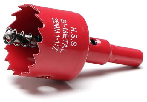 Sierra corona 38mm, bi-metálica sierra perforadora con árbol hexagonal y brocas de centrado, sierra de corona para madera, metal suave, PVC, Rojo