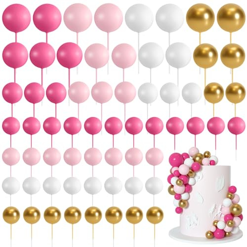 Bouiexye 75 Bolas de Espuma para Decoración de Tartas, Magdalenas, Pasteles - Mini Globos para Fiesta de Cumpleaños, Boda (Rosa, Oro, Blanco)