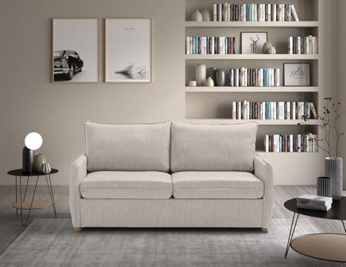 EVERGREENWEB - Divano Letto a 2 Posti con Materasso Memory 140x190, Sofà Soggiorno con Piedi in Legno Design Moderno, Struttura Rinforzata Pieghevole, Tessuto Beige Antimacchia, Cuscini Estraibili