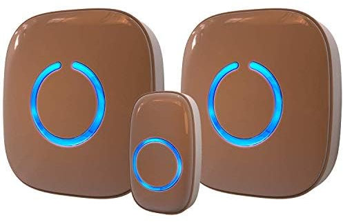 Campanello senza fili, portata 300 m, impermeabile, con 1 ricevitore plug e 2 trasmettitori, 52 melodie con flash a LED, modello CXR (marrone scuro)