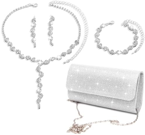 ERMWALR Silver Jewelry Set with Rhinestone Necklace, Earrings, Bracelet & Clutch Purse Bag, Ideal Prom Jewellery Set for Brides Bridesmaids Wedding