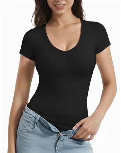 ALGALAROUND T-shirt à manches courtes pour femme avec col en V basique sexy Y2K Haut à manches courtes pour femme Tenue d'été 2025, Noir , M