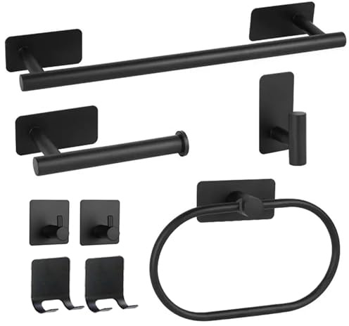 Linyoish 8 Pezzi Senza Foratura Set di Accessori da Bagno Porta Asciugamani Acciaio Inossidabile,Gancio per Accappatoio,Anello per Asciugamano,Porta Carta Velina,Piccolo gancio,Rasoio titolare (Nero)