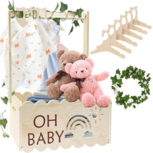 Twshiny Baby Shower Crate, Wooden Baby Shower Hamper Basket Baby Shower Clothes Rack with Hangers Baby Gifts for New Born Baby Girl Boy (Rainbow)