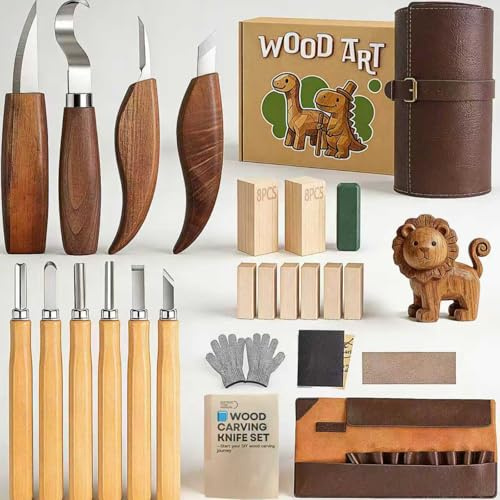 Wood Carving Kit for Beginners, 25Pcs Set with Carving Knives & Chisels, Protective Gloves, Green Compound & Strop, 8 Basswood Blocks, Sandpaper, Stickers, Storage Case for DIY Projects & Craft Gifts