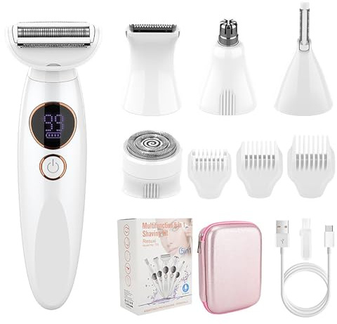 Rasoir Elios Femme 5 En 1, Multifonction Humide/Sec Rasoir Electrique Femme, Epilateur Electrique avec Affichage LED, Tondeuse Bikini Étanche IPX7, Pour Bikini, Aisselles, Jambes, Nez (Blanc)