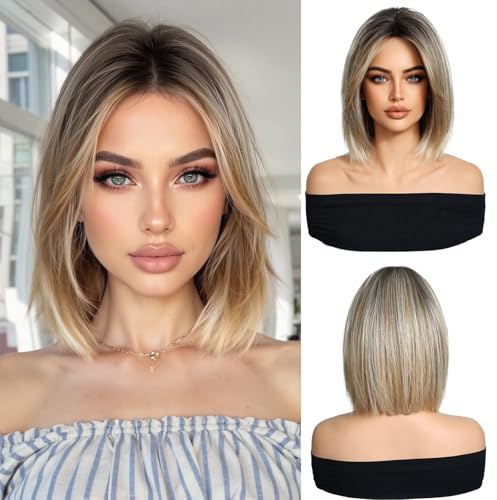 OUFEI Ombré Blonde Bob peruk kort slät peruk för kvinnor syntetiskt hår för vardagsfester och cosplay