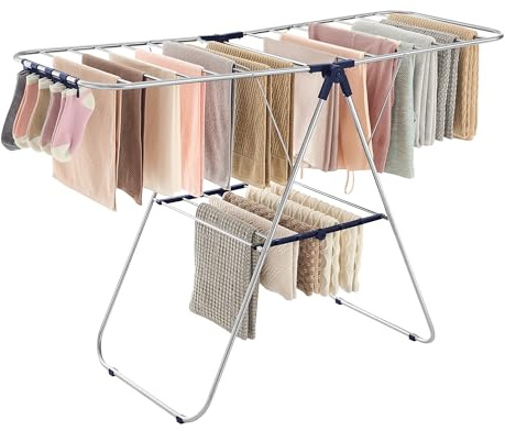 SONGMICS Clothes Drying Rack, with Sock Clips, Metal Laundry Rack, Foldable, Space-Saving, Free-Standing Airer, with 2 Height-Adjustable Gullwings, Indoor Outdoor Use, Silver and Blue ULLR52BU