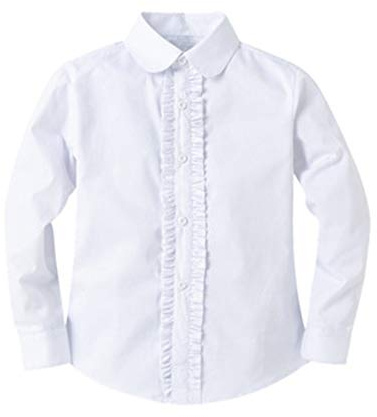Bienzoe Girls School Uniform Shirt: Kids Summer Ruffle Button Down Long Sleeve Cotton Oxford Blouse White M