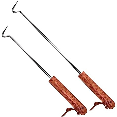LQLMCOS Lot de 2 crochets en acier inoxydable avec poignée en bois pour barbecue et fumage (44,5 cm + 31,8 cm)