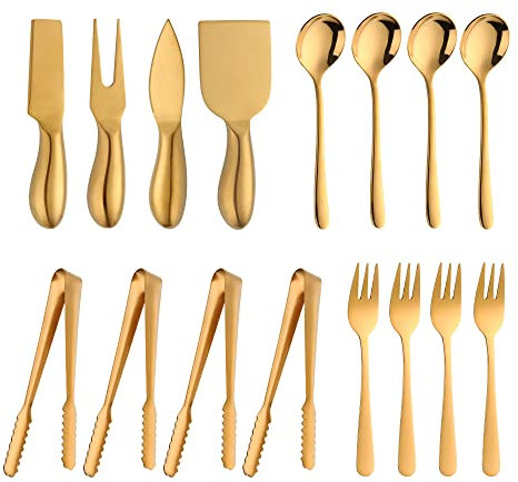 YDware Gold - Set completo di 16 coltelli da formaggio in acciaio INOX rivestito in titanio, con forchetta, paletta per formaggio, forchetta da dolce, pinza da zucchero e cucchiaio