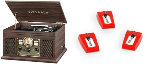 Victrola Nostalgic 6-in-1 Bluetooth Record Player & Multimedia Center with Built-in Speakers - 3-Speed Turntable & 3 Pack Turntable Replacement Needles for Various Victrola Record Players, White