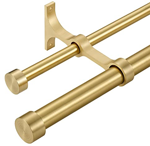 Lwiiom Double Curtain Rods with Aluminum End Cap and Full Surround Brackets,1-Inches Front and 5/8 Inches Back Adjustable between from 36 to 72 Inches (3-6 Feet),Brass Double Window Drapery Rod for