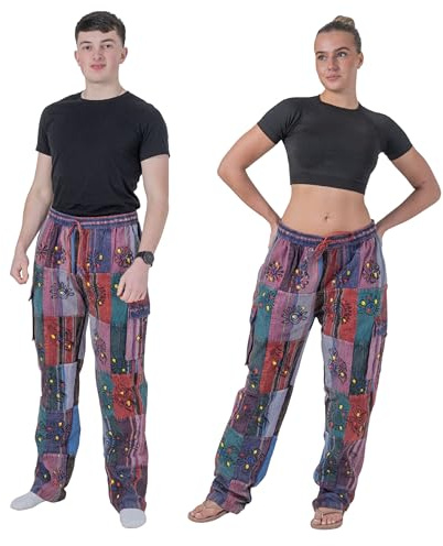 Ezhippie Pantalones de Patchwork Hippie Hechos a Mano para Hombres, Pantalones Cargo de Cintura elástica 100% algodón Estilo Bohemio, XXL