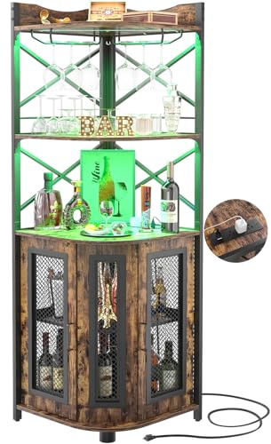 Aheaplus Corner Bar Cabinet with Power Outlet, Industrial Wine Cabinet with LED Strip and Glass Holder, 5-Tiers Liquor Cabinet Bar Unit for Home, Corner Display Cabinet for Small Space, Rustic Brown