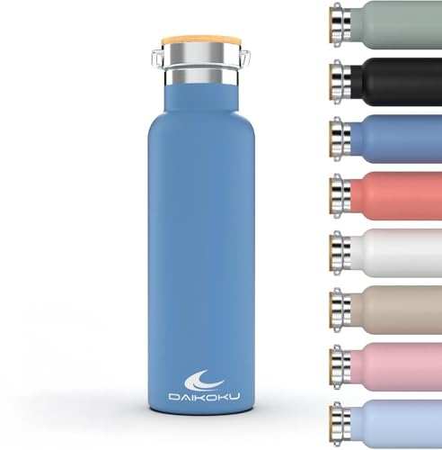 Daikoku Bottiglia, Termos in Acciaio Inossidabile a Doppia Parete, Mantiene Bevande Calde o Fredde per Ore, Due Tappi, Blu, 750 ML