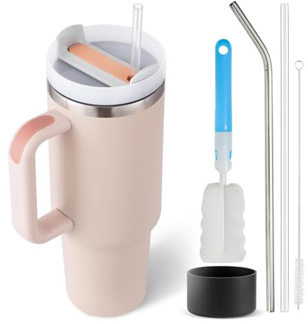 Aurldpio 1182ml Kaffeebecher, 40oz Doppelwandiger Edelstahl Vakuum Isolierbecher mit Griff und Stroh,Tragbare Autobecher Becher Tumbler Thermobecher für Heißer und Kalter Getränke