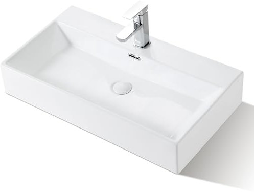 HOROW Lavabo 75cm Céramique, lavabo de salle de bain avec trou pour robinet, trop-plein, à poser ou à suspendre, vasque à poser, convient pour meuble sous-vasque, Pas de vidange de l'évier
