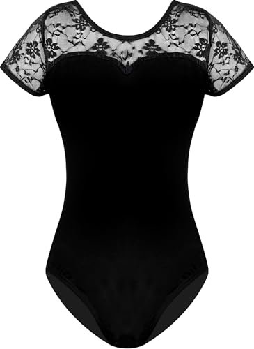 Mulnall Damen Ballett Spitze Kurzarm Tanztrikot Tank Hohl Rücken Tanzbekleidung Kurzarm Gymnastikanzug Damen Trikot Turnanzug(7037-06-M)