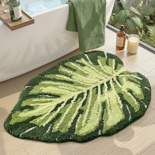 DEXI Badezimmerteppich, Duschboden, Badematte, rutschfest, saugfähig, waschbar, Teppich, Monstera Deliciosa, geprägt, Blattform, 50 x 80 cm, Badzubehör, Dekor