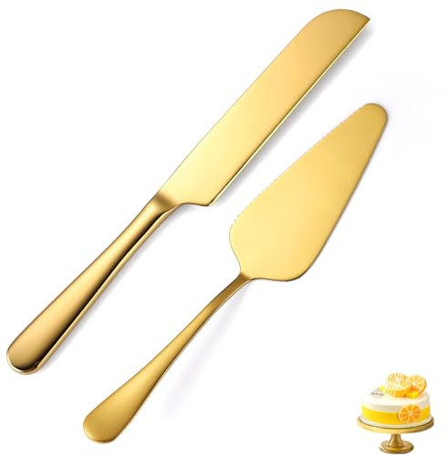 tiokin Wedding Cake Knife and Server Set,2Pcs Cake Cutting Set Gold Include Stainless Steel Cake Cutter and Cake Server Perfect for Wedding, Christmas, Birthday and Events,Dishwasher Safe