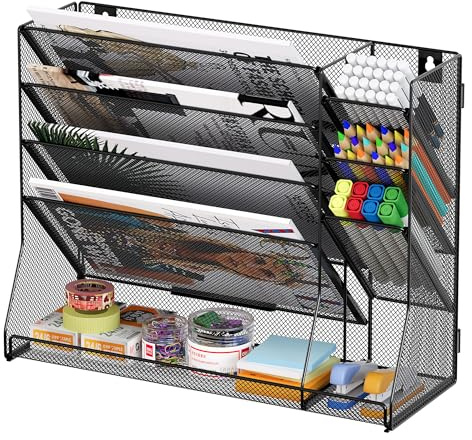 TQVAI 5 Ripiani Organizer Documenti Parete con 3 Scomparti Porta Penne Organizer Scrivania Metallo Portariviste Parete Scaffale per Documenti A4 Organizzatore Ufficio Casa, Nero