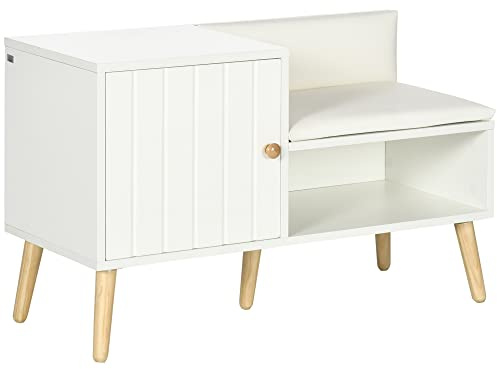 HOMCOM Panca Scarpiera da Ingresso Salvaspazio con Seduta Imbottita, Ripiano Aperto e Armadietto per 4 Paia di Scarpe, Corridoio, Camera da letto, Soggiorno in Legno, 80x33x49cm, Bianco