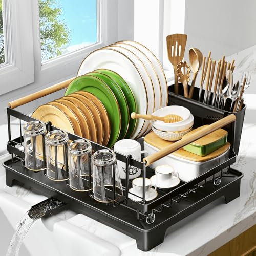 NIBSHOOM Egoutoire Vaisselle Cuisine Noir, Égouttoir Vaisselle INOX avec Porte-ustensiles et Bec D'Égouttage Pivotant, Installation sans Outil, Rangement et Organisation de Cuisine