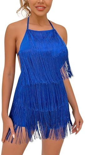 AFAVOM Enterizo corto de noche para mujer, con borlas, espalda descubierta, con flecos, vestido de baile latino, vestido corto de noche, vestido de baile con lazo en la espalda