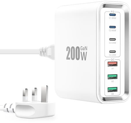 Super Fast Charging Station, 200W GaN 7-Ports Charger Station Hub, Mutil USB Chargers Wall Plug 65W USBC Charger for MacBook Pro/Air, iPads, iPhone17/16/15/14, USBC Laptops,Samsung Galaxy S25/S24