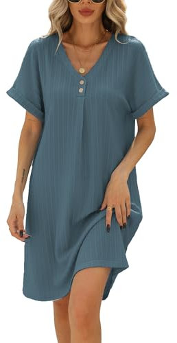 Famulily Women Summer Dresses V Neck SShort Sleeve Sundress Pleated Loose Swing Casual Dress Ladies A-line Tunic Shirtdress Knee Length Grey Blue L