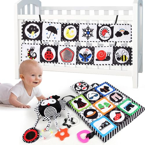 DXIA Libro Sensoriale Bianco e Nero per Bambini, Doppio lato Libri di Stoffa per Neonati, Libro in Bianco e Nero Interattivo Accompagnare Il Neonati, Giochi Sensoriali per Neonati da 0 a 6 Mesi