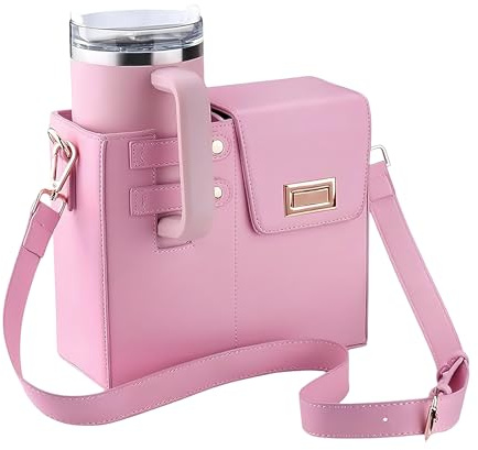 Borsa a tracolla per Stanley Cup, borsa portaoggetti per tazza d'acqua portatile all'aperto, borsa per il trasporto per bottiglia d'acqua con scomparto e tracolla regolabile, Rosa