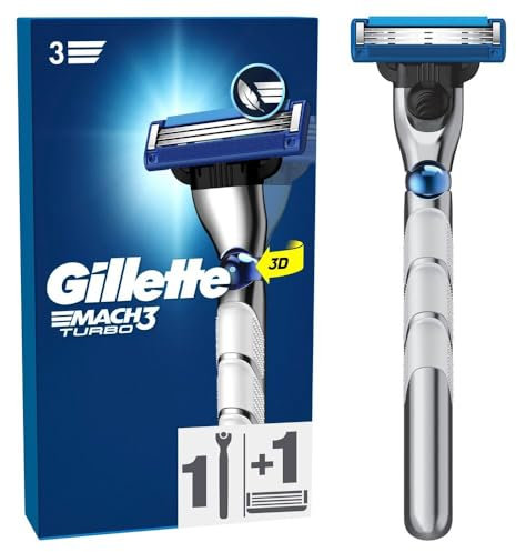 Gillette Mach3 Turbo Rasierer für Männer, 1 Gillette Rasierer, 1 Ersatzklinge, Mit verbessertem Gleitstreifen für ein sanftes Gleiten und NEUEN Klingen