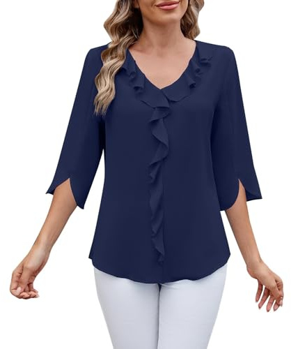 Camicetta da donna elegante in chiffon, maniche a 3/4, maglietta estiva con scollo a V, foglia di loto, tinta unita, camicetta da donna, Blu marino, XL