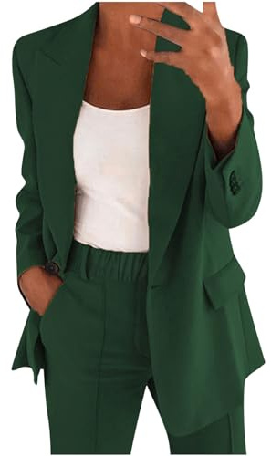 Générique Femme Tailleur Pantalon Chic et Elegant Slim Fit Blazer Veste Formel Bureau Travail Pantalon Costumes Manteau Ensemble Col Revers Couleur Unie Veste Manteau Pantalon 2 Pièces Vert