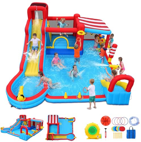 Scivolo gonfiabile 15 in 1 castello gonfiabile parco acquatico con scivolo lungo e grande piscina, snack con tettuccio parasole, mini scivolo, nebbia spray e cannoni ad acqua per bambini, giardino