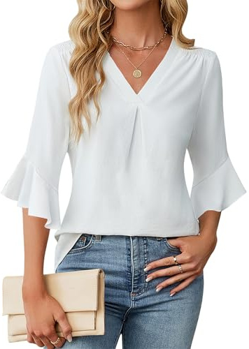 Womens 3/4 Length Sleeve Tops Summer Shirts Chiffon V Neck Outfits Blouses for Women Ruffle Dressy Casual Flowy Tunic Tops