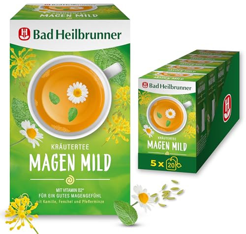 Bad Heilbrunner Magen Mild - Kräutertee im Filterbeutel - Fenchel, Kamille & Pfefferminze - mit Vitamin B2 für ein gutes Magengefühl - Bauch gut, alles gut (5 x 20 Filterbeutel)