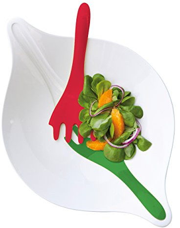 Koziol Leaf L+, Salatschale mit Besteck, Schüssel, Salatschüssel, Salat Schale, 3 L, Weiß mit Rot / Grün, 3692820