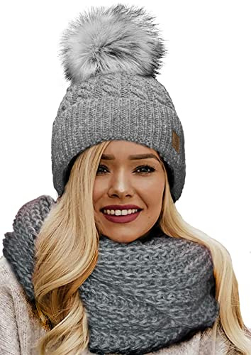 4sold Dam vinter ribbad handgjord stickad mössa & halsduk mohair ull mössa med tjock fuskpäls tofs pom pom inuti mysig fleecefoder