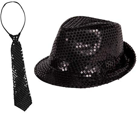 Alsino Hut Pailletten mit Glitzer Krawatte Mafia Outfit Set Länge: 33 cm Damen (th-56) Kopfumfang: 58 cm Karneval Fasching Herren Glitzerhut Zylinder Disco Trilby Pailetten Fotobox