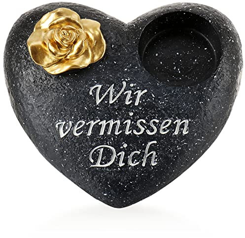 com-four® - Decoración funeraria en forma de corazón con una rosa dorada, piedra conmemorativa con soporte para vela funeraria, piedra de duelo con dicton conmemorativo (1 unidad, corazón rosa dorado)