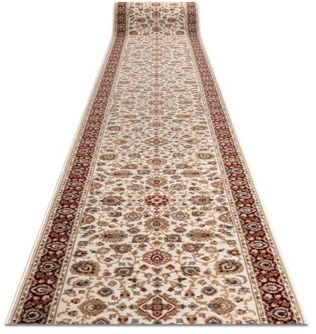 NAIN Löpare - Högkvalitativ ullmatta med ornamentalt & blommigt mönster i Beige & Rödvin - Elegant orientmatta för hall & vardagsrum 80x1350 cm