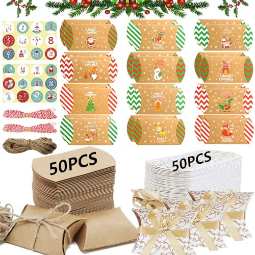 124 Stück Weihnachten Geschenkbox Verpackung Klein Faltschachtel Kraftpapier Box Kissenschachteln Mit Deko-Etiketten Und Zahlenaufklebern Für Süßigkeiten, Schmuck