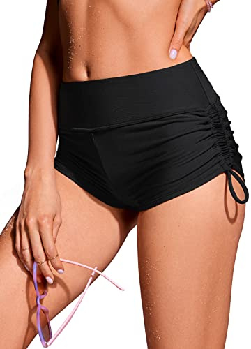 CRZ YOGA Shorts de baño de Cintura Alta para Mujer con Pliegues Laterales Ajustables Negro 40