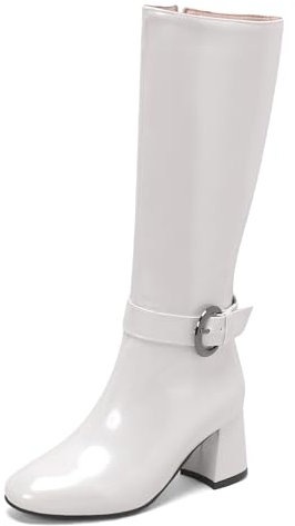 Gicoiz Damen Lack Knee High Reitstiefel Blockabsatz Square Toe Winter Hochzeit Kleid Warm Reitstiefel Zip Party Schuhe Weiß Gr 36 EU